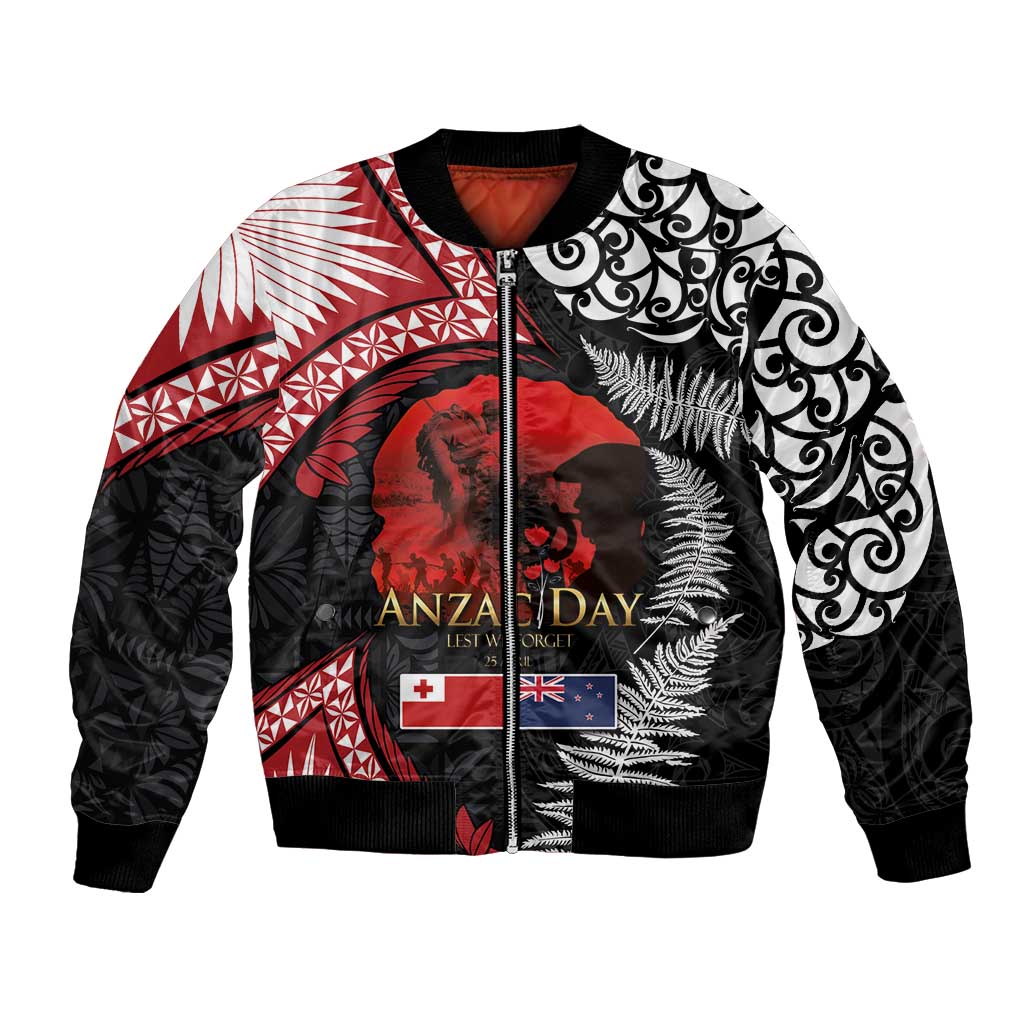Tonga and New Zealand ANZAC Day Bomber Jacket Gallipoli Lest We Forget Ngatu Art Tribal and Maori Tattoo with Fern LT03
