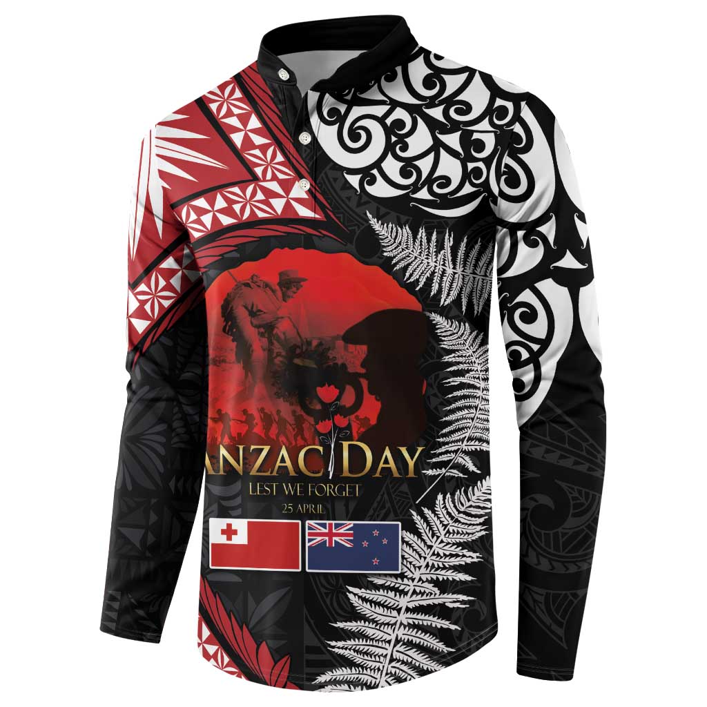 Tonga and New Zealand ANZAC Day Button Sweatshirt Gallipoli Lest We Forget Ngatu Art Tribal and Maori Tattoo with Fern LT03