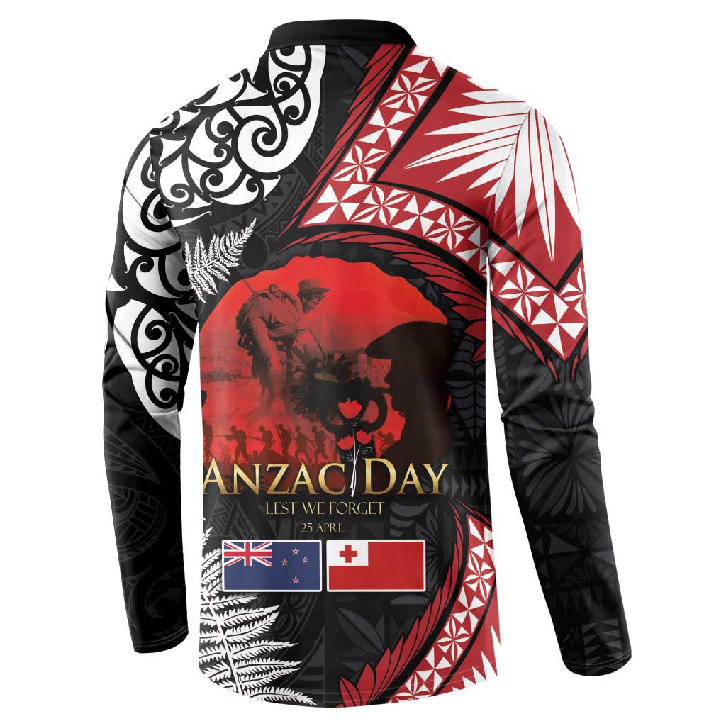 Tonga and New Zealand ANZAC Day Button Sweatshirt Gallipoli Lest We Forget Ngatu Art Tribal and Maori Tattoo with Fern LT03