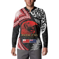 Tonga and New Zealand ANZAC Day Button Sweatshirt Gallipoli Lest We Forget Ngatu Art Tribal and Maori Tattoo with Fern LT03