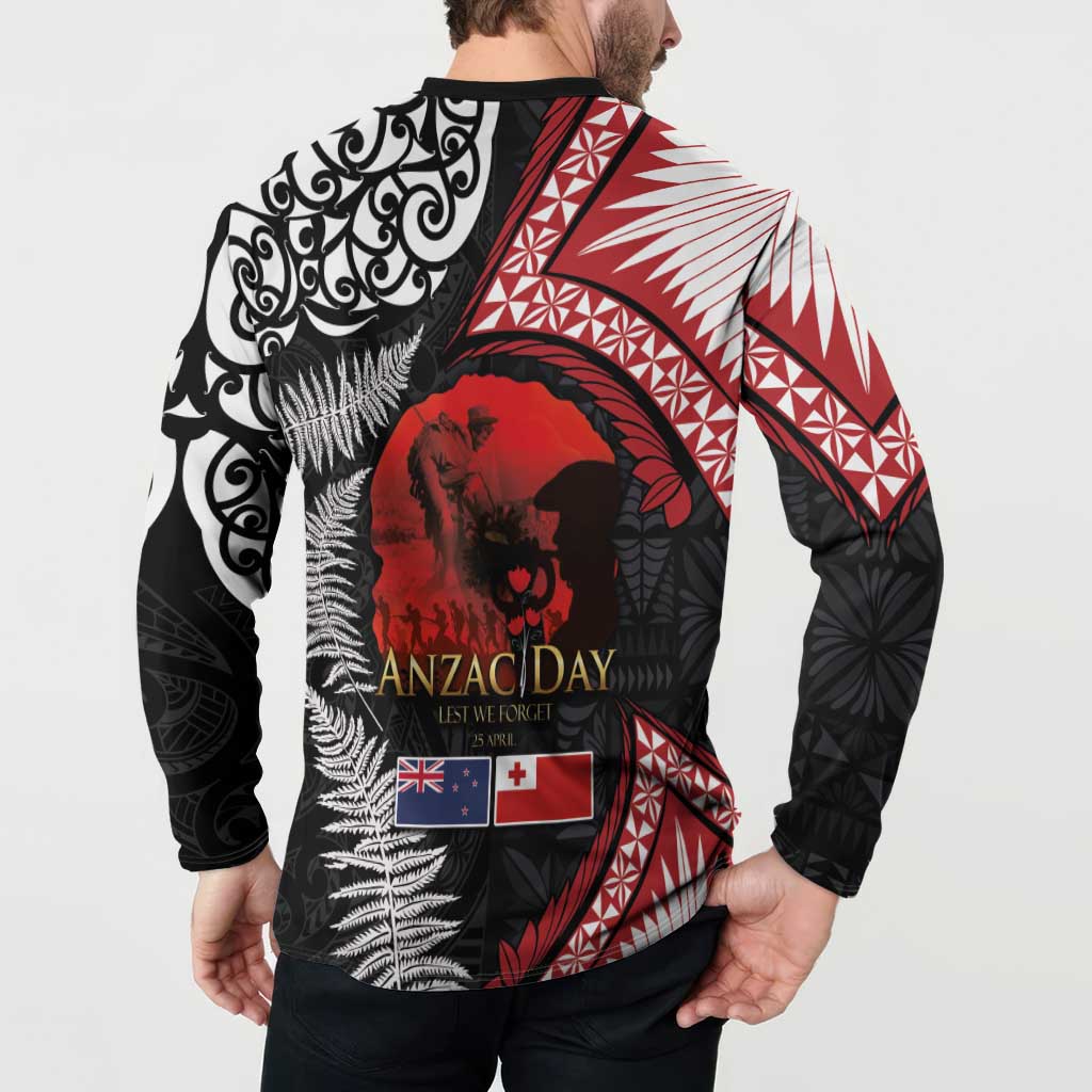 Tonga and New Zealand ANZAC Day Button Sweatshirt Gallipoli Lest We Forget Ngatu Art Tribal and Maori Tattoo with Fern LT03