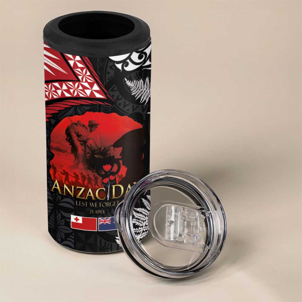 Tonga and New Zealand ANZAC Day 4 in 1 Can Cooler Tumbler Gallipoli Lest We Forget-Ngatu Art Tribal and Maori Tattoo with Fern LT03 - Polynesian Pride