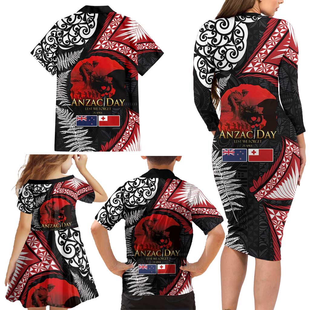 Tonga and New Zealand ANZAC Day Family Matching Long Sleeve Bodycon Dress and Hawaiian Shirt Gallipoli Lest We Forget Ngatu Art Tribal and Maori Tattoo with Fern LT03