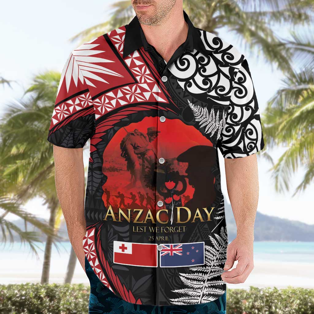 Tonga and New Zealand ANZAC Day Hawaiian Shirt Gallipoli Lest We Forget Ngatu Art Tribal and Maori Tattoo with Fern LT03
