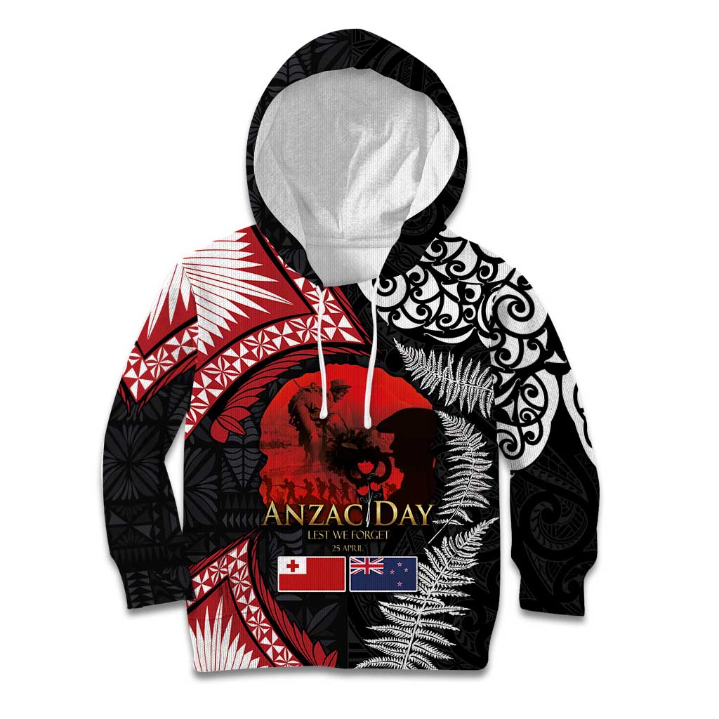 Tonga and New Zealand ANZAC Day Kid Hoodie Gallipoli Lest We Forget Ngatu Art Tribal and Maori Tattoo with Fern LT03