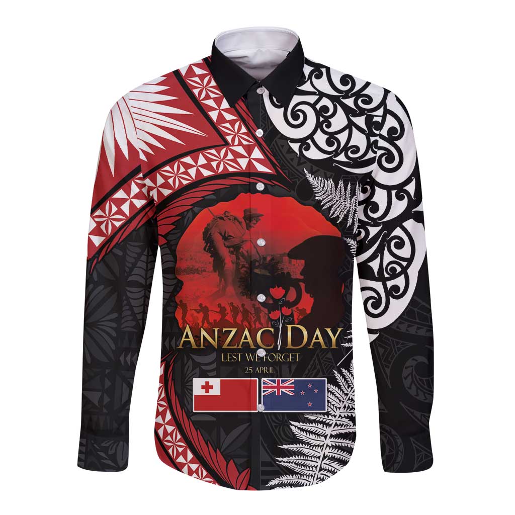 Tonga and New Zealand ANZAC Day Long Sleeve Button Shirt Gallipoli Lest We Forget Ngatu Art Tribal and Maori Tattoo with Fern LT03