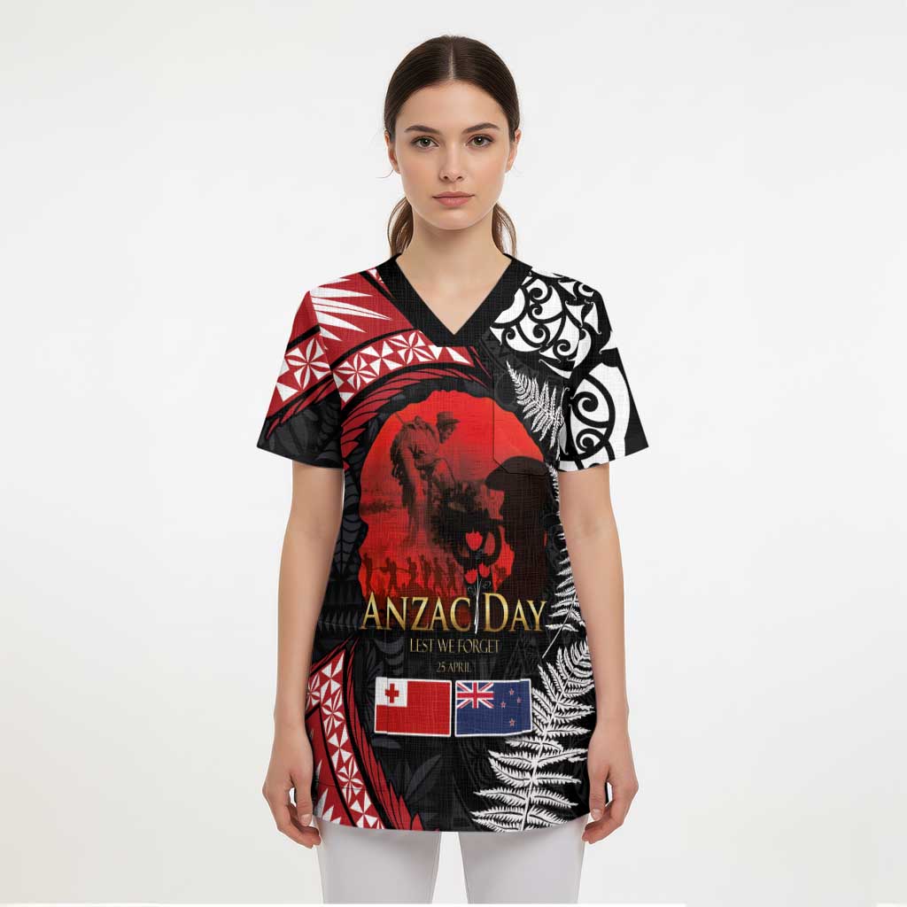 Tonga and New Zealand ANZAC Day Scrub Top Gallipoli Lest We Forget Ngatu Art Tribal and Maori Tattoo with Fern - Polynesian Pride