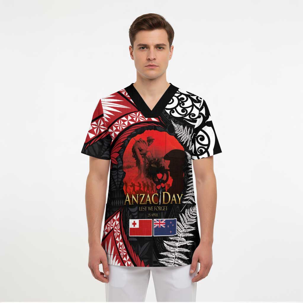 Tonga and New Zealand ANZAC Day Scrub Top Gallipoli Lest We Forget Ngatu Art Tribal and Maori Tattoo with Fern - Polynesian Pride