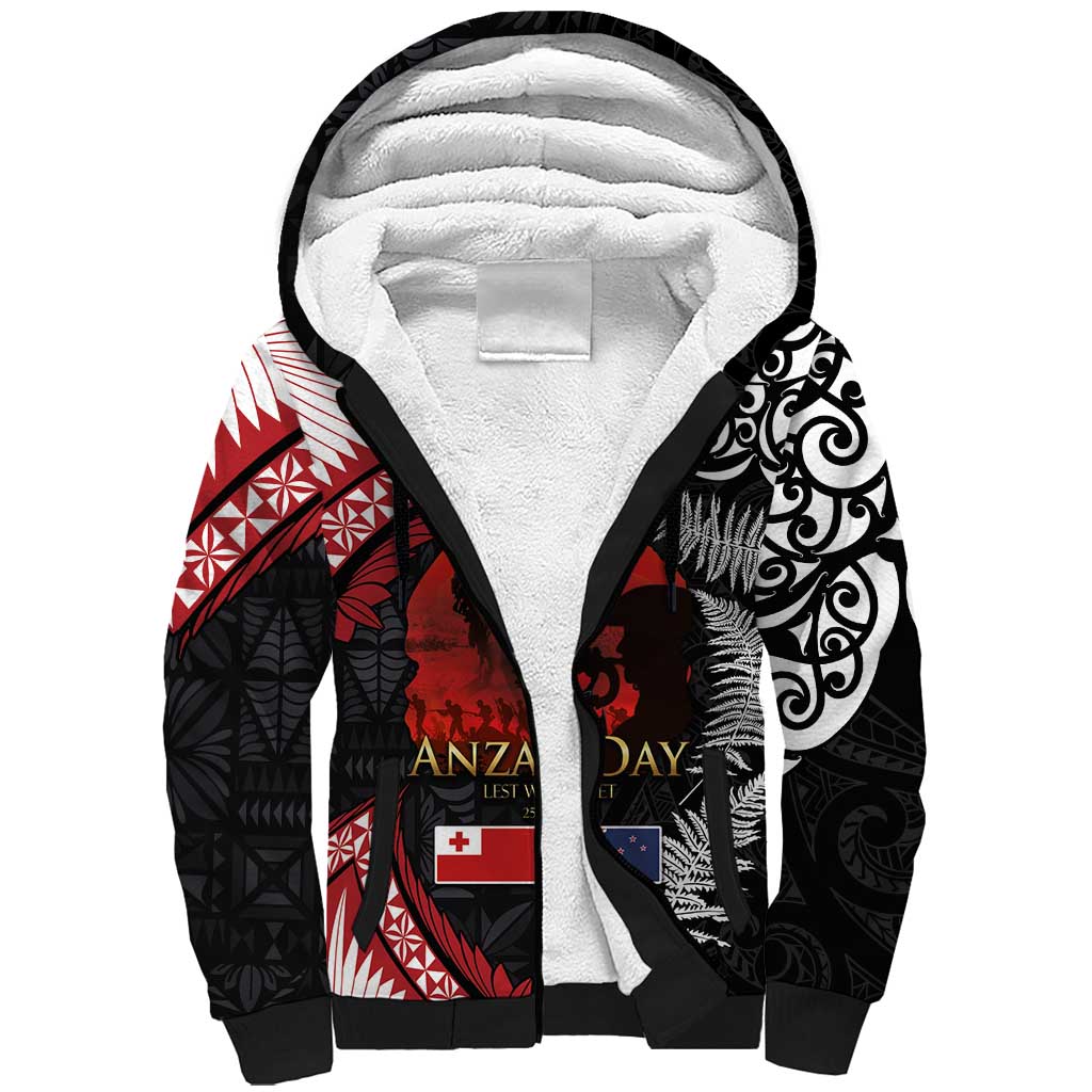 Tonga and New Zealand ANZAC Day Sherpa Hoodie Gallipoli Lest We Forget Ngatu Art Tribal and Maori Tattoo with Fern LT03