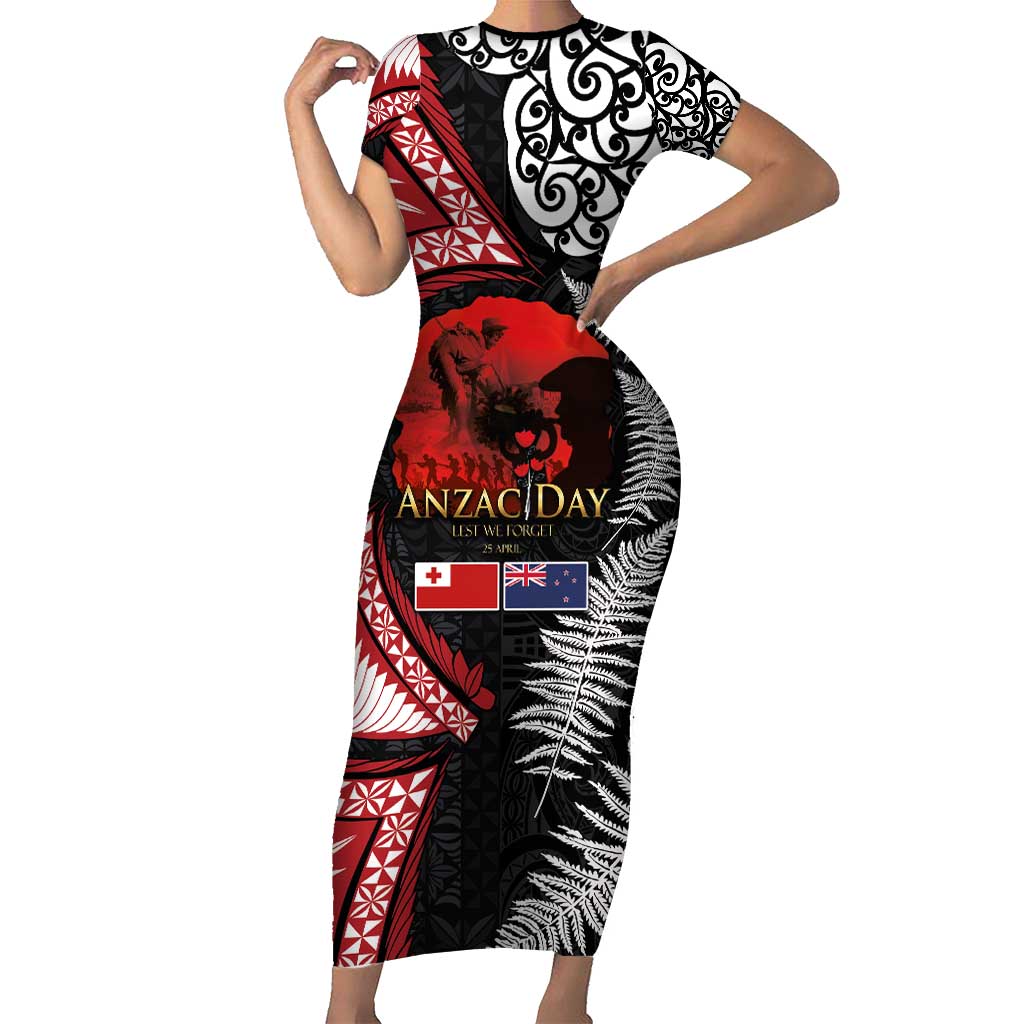 Tonga and New Zealand ANZAC Day Short Sleeve Bodycon Dress Gallipoli Lest We Forget Ngatu Art Tribal and Maori Tattoo with Fern LT03