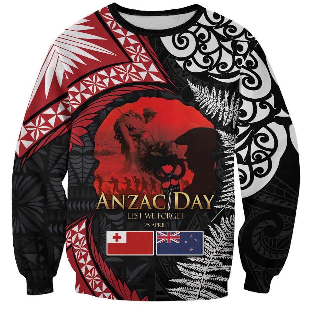 Tonga and New Zealand ANZAC Day Sweatshirt Gallipoli Lest We Forget Ngatu Art Tribal and Maori Tattoo with Fern LT03