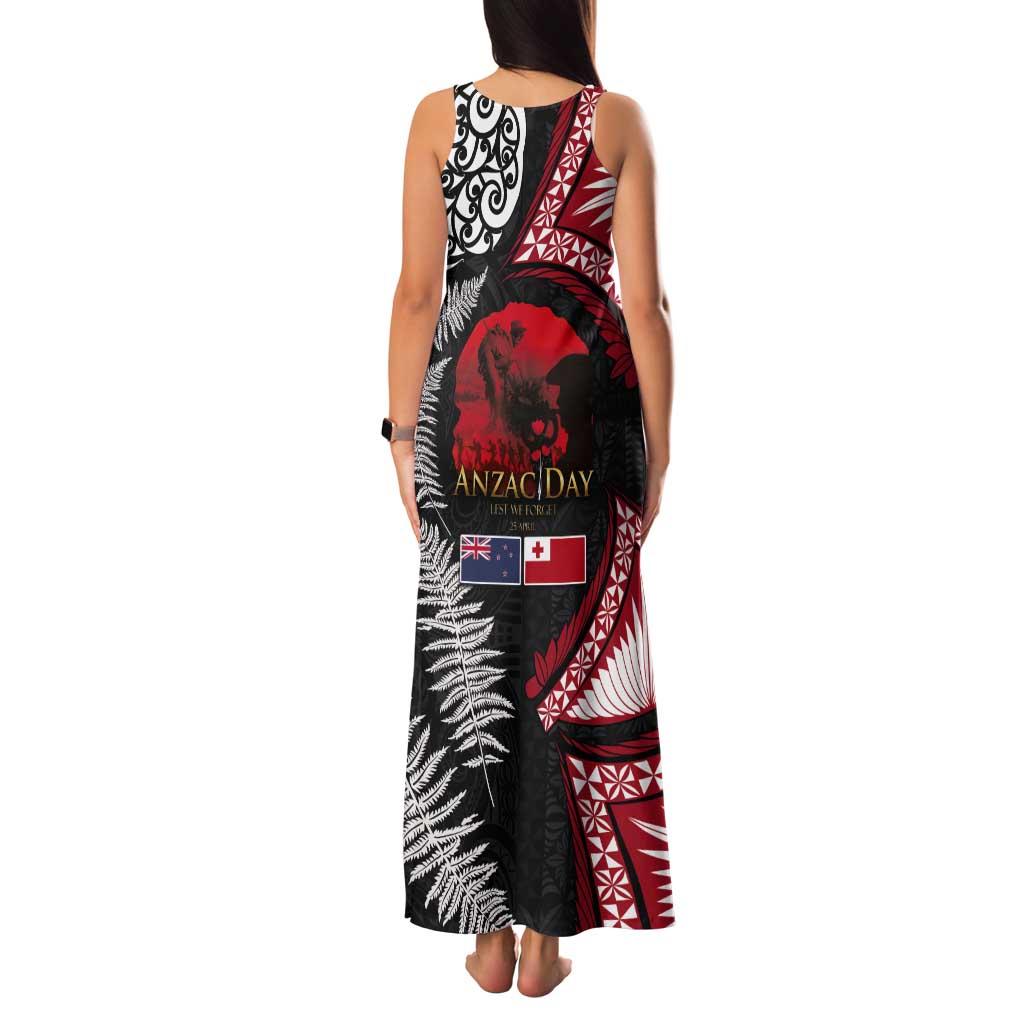 Tonga and New Zealand ANZAC Day Tank Maxi Dress Gallipoli Lest We Forget Ngatu Art Tribal and Maori Tattoo with Fern LT03