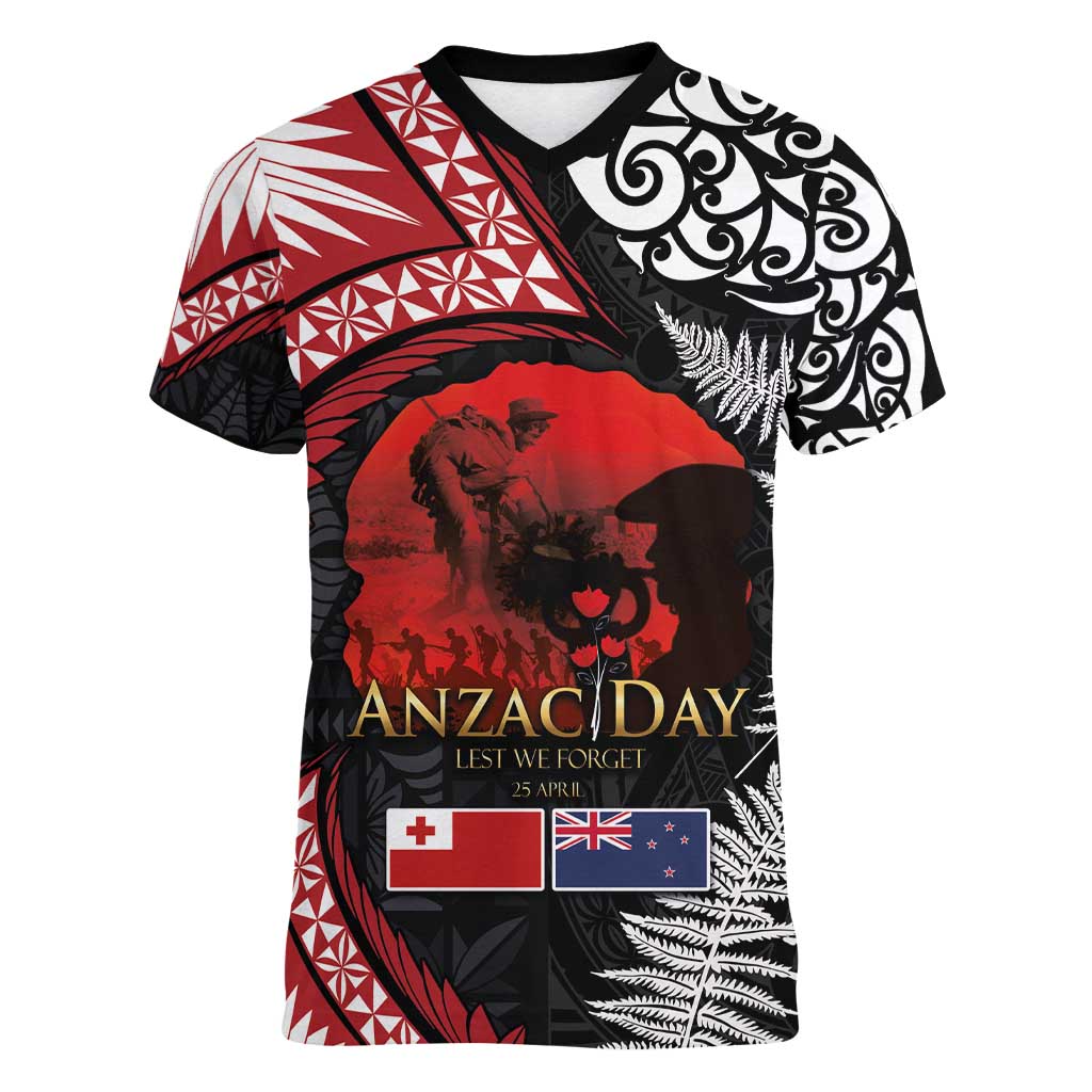 Tonga and New Zealand ANZAC Day Women V-Neck T-Shirt Gallipoli Lest We Forget Ngatu Art Tribal and Maori Tattoo with Fern LT03