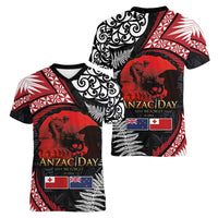 Tonga and New Zealand ANZAC Day Women V-Neck T-Shirt Gallipoli Lest We Forget Ngatu Art Tribal and Maori Tattoo with Fern LT03
