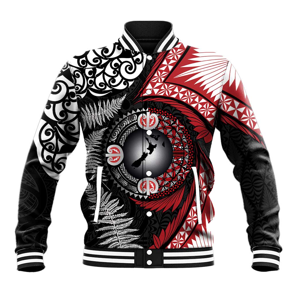 Tonga and New Zealand Together Baseball Jacket Ngatu Art Tribal Maori Tattoo and Silver Fern