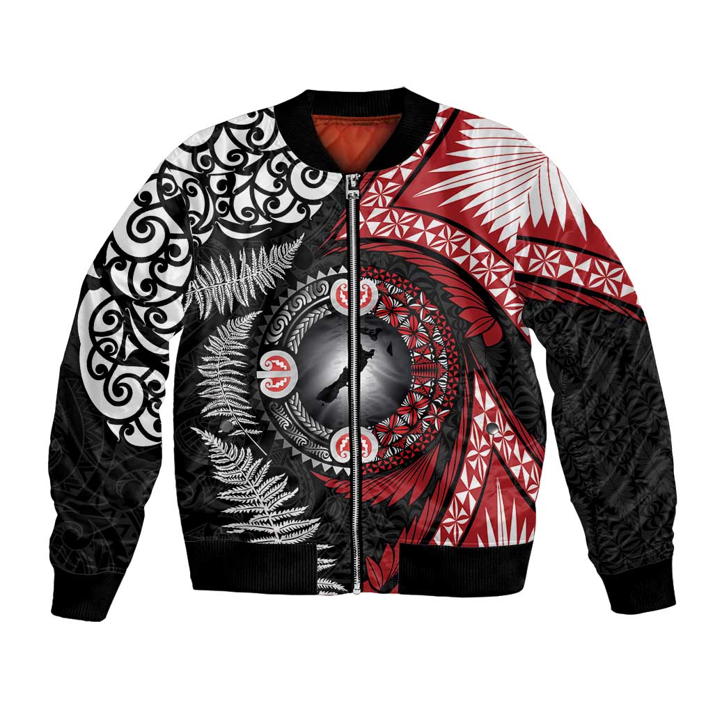 Tonga and New Zealand Together Bomber Jacket Ngatu Art Tribal Maori Tattoo and Silver Fern