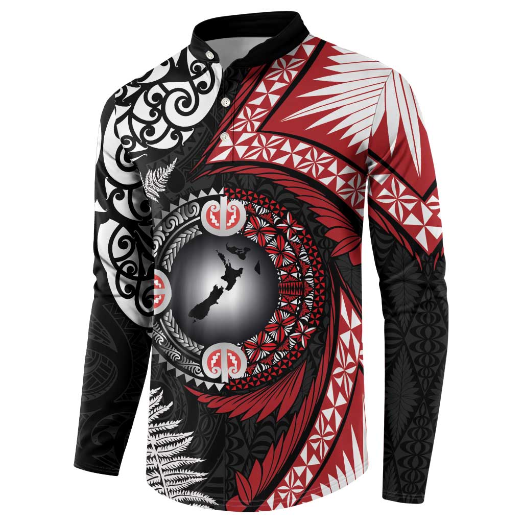 Tonga and New Zealand Together Button Sweatshirt Ngatu Art Tribal Maori Tattoo and Silver Fern