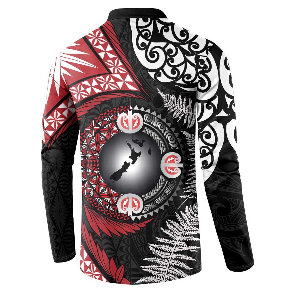 Tonga and New Zealand Together Button Sweatshirt Ngatu Art Tribal Maori Tattoo and Silver Fern