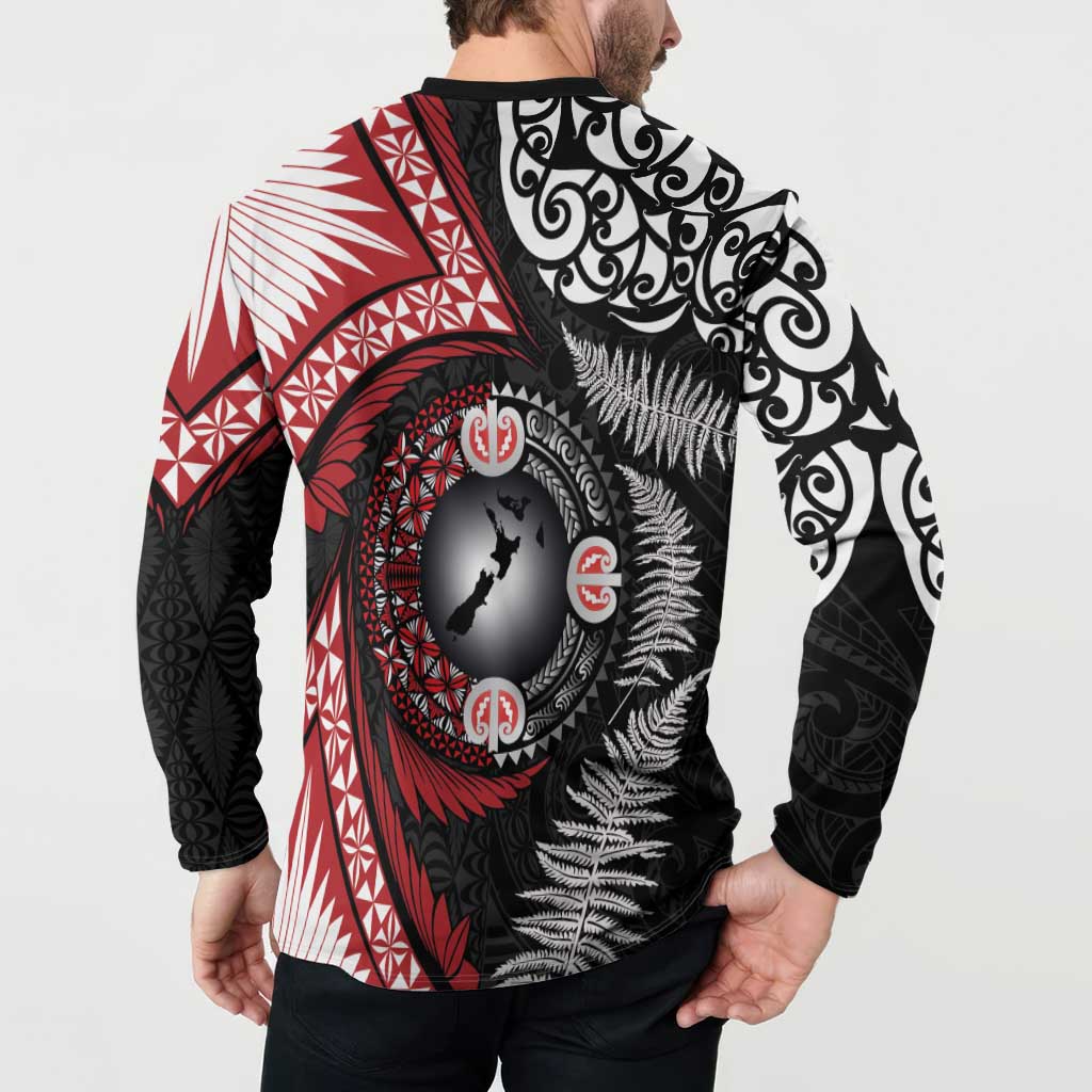 Tonga and New Zealand Together Button Sweatshirt Ngatu Art Tribal Maori Tattoo and Silver Fern
