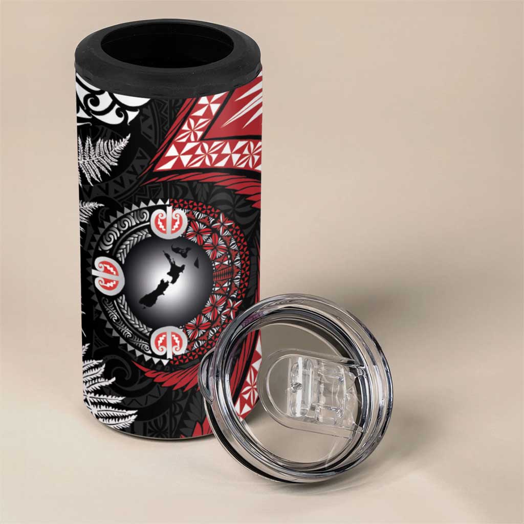 Tonga and New Zealand Together 4 in 1 Can Cooler Tumbler Ngatu Art Tribal-Maori Tattoo and Silver Fern LT03 - Polynesian Pride