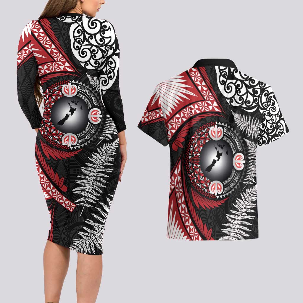 Tonga and New Zealand Together Couples Matching Long Sleeve Bodycon Dress and Hawaiian Shirt Ngatu Art Tribal Maori Tattoo and Silver Fern