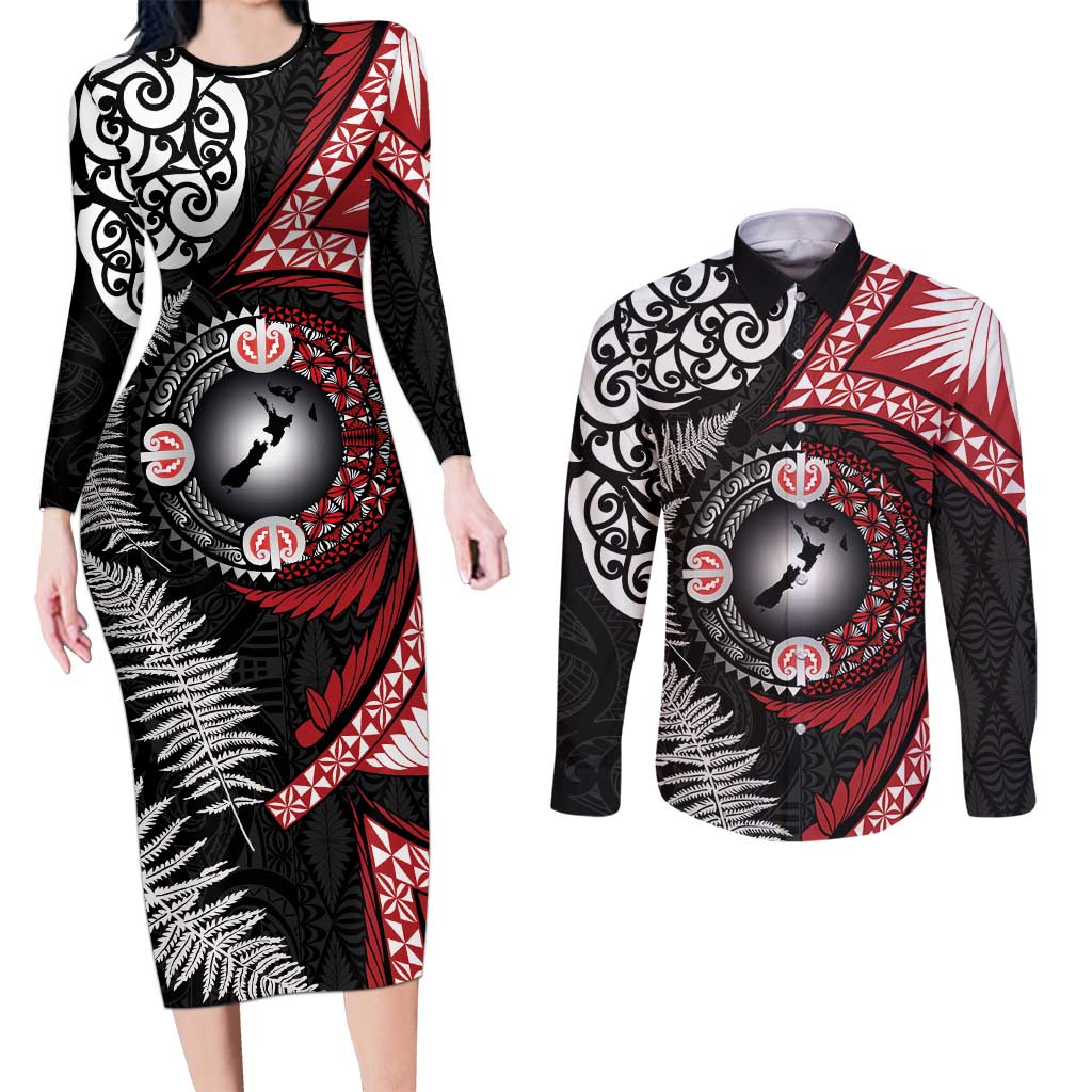 Tonga and New Zealand Together Couples Matching Long Sleeve Bodycon Dress and Long Sleeve Button Shirt Ngatu Art Tribal Maori Tattoo and Silver Fern