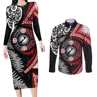 Tonga and New Zealand Together Couples Matching Long Sleeve Bodycon Dress and Long Sleeve Button Shirt Ngatu Art Tribal Maori Tattoo and Silver Fern