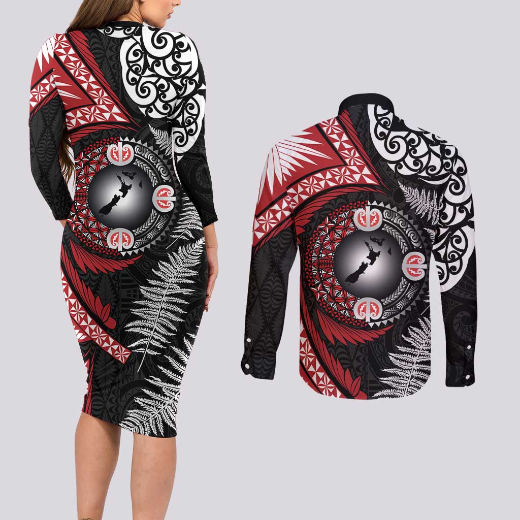 Tonga and New Zealand Together Couples Matching Long Sleeve Bodycon Dress and Long Sleeve Button Shirt Ngatu Art Tribal Maori Tattoo and Silver Fern