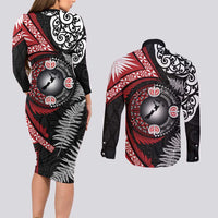 Tonga and New Zealand Together Couples Matching Long Sleeve Bodycon Dress and Long Sleeve Button Shirt Ngatu Art Tribal Maori Tattoo and Silver Fern