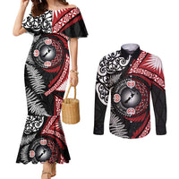 Tonga and New Zealand Together Couples Matching Mermaid Dress and Long Sleeve Button Shirt Ngatu Art Tribal Maori Tattoo and Silver Fern