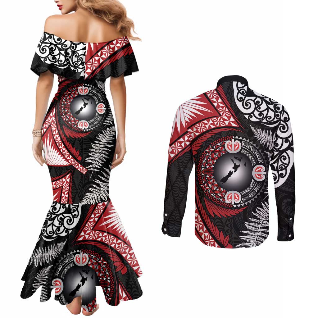 Tonga and New Zealand Together Couples Matching Mermaid Dress and Long Sleeve Button Shirt Ngatu Art Tribal Maori Tattoo and Silver Fern
