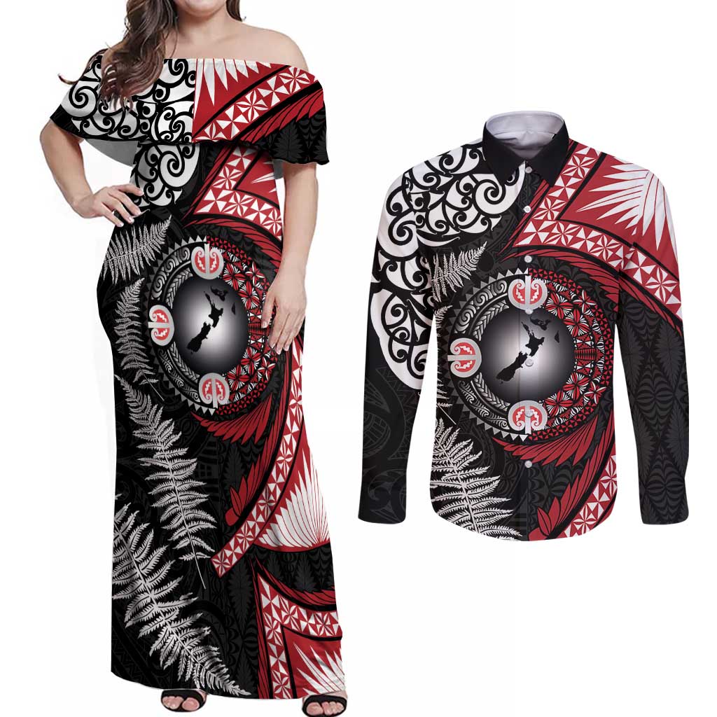 Tonga and New Zealand Together Couples Matching Off Shoulder Maxi Dress and Long Sleeve Button Shirt Ngatu Art Tribal Maori Tattoo and Silver Fern