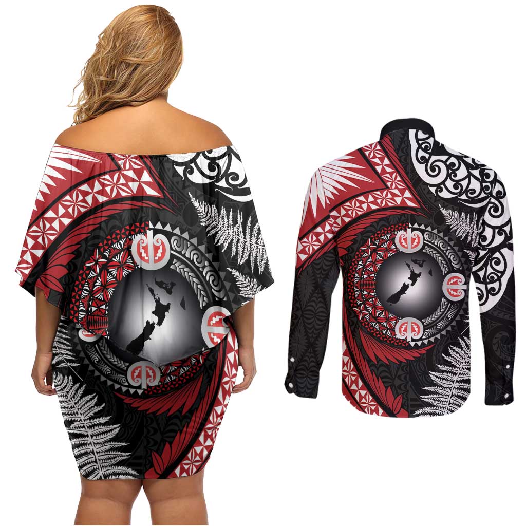 Tonga and New Zealand Together Couples Matching Off Shoulder Short Dress and Long Sleeve Button Shirt Ngatu Art Tribal Maori Tattoo and Silver Fern