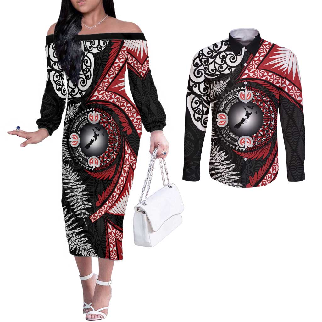 Tonga and New Zealand Together Couples Matching Off The Shoulder Long Sleeve Dress and Long Sleeve Button Shirt Ngatu Art Tribal Maori Tattoo and Silver Fern