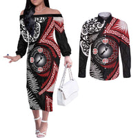 Tonga and New Zealand Together Couples Matching Off The Shoulder Long Sleeve Dress and Long Sleeve Button Shirt Ngatu Art Tribal Maori Tattoo and Silver Fern