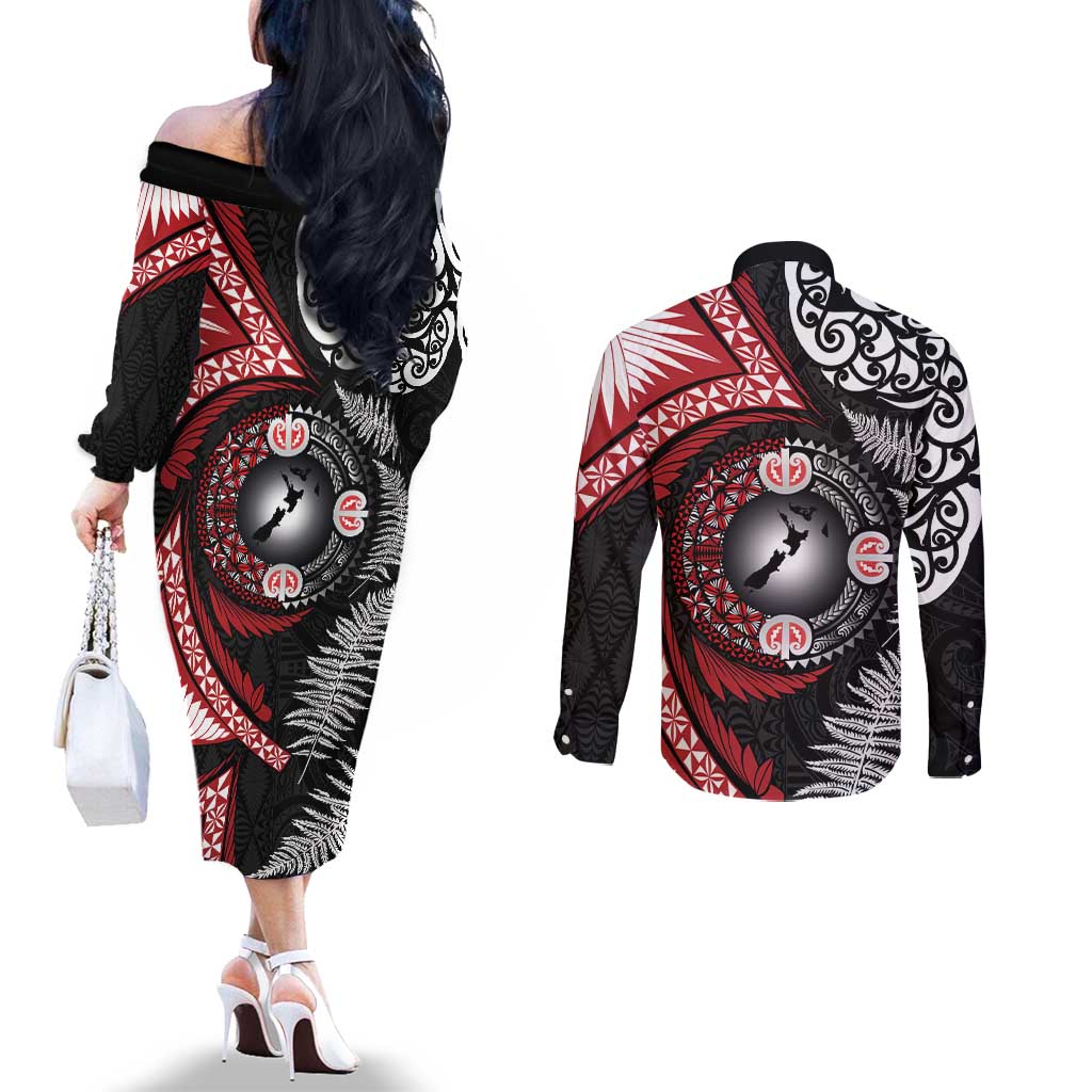 Tonga and New Zealand Together Couples Matching Off The Shoulder Long Sleeve Dress and Long Sleeve Button Shirt Ngatu Art Tribal Maori Tattoo and Silver Fern