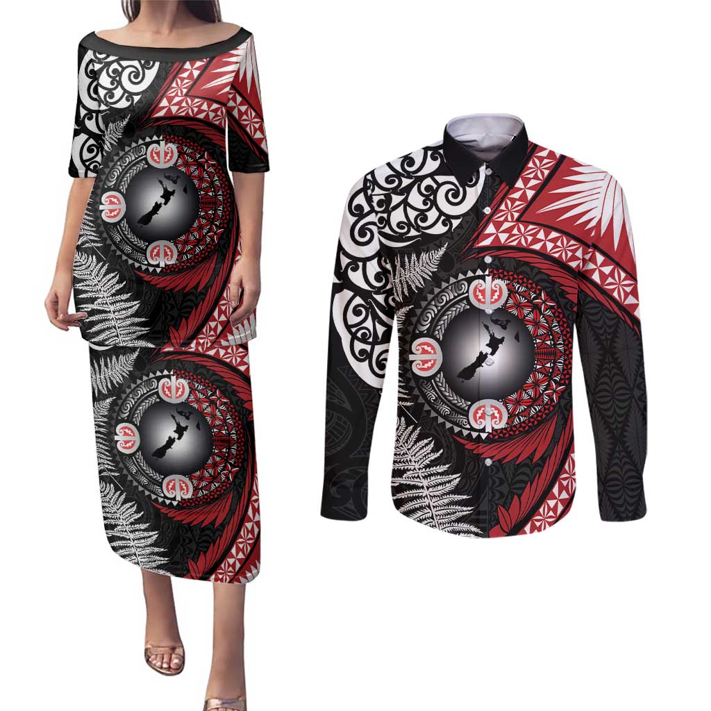 Tonga and New Zealand Together Couples Matching Puletasi and Long Sleeve Button Shirt Ngatu Art Tribal Maori Tattoo and Silver Fern