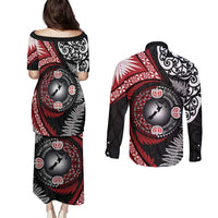Tonga and New Zealand Together Couples Matching Puletasi and Long Sleeve Button Shirt Ngatu Art Tribal Maori Tattoo and Silver Fern