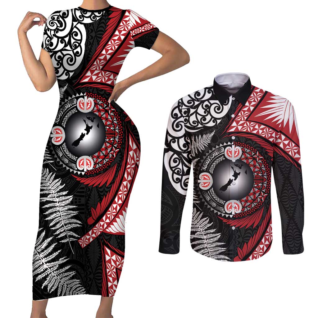 Tonga and New Zealand Together Couples Matching Short Sleeve Bodycon Dress and Long Sleeve Button Shirt Ngatu Art Tribal Maori Tattoo and Silver Fern