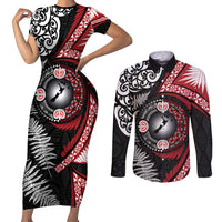 Tonga and New Zealand Together Couples Matching Short Sleeve Bodycon Dress and Long Sleeve Button Shirt Ngatu Art Tribal Maori Tattoo and Silver Fern