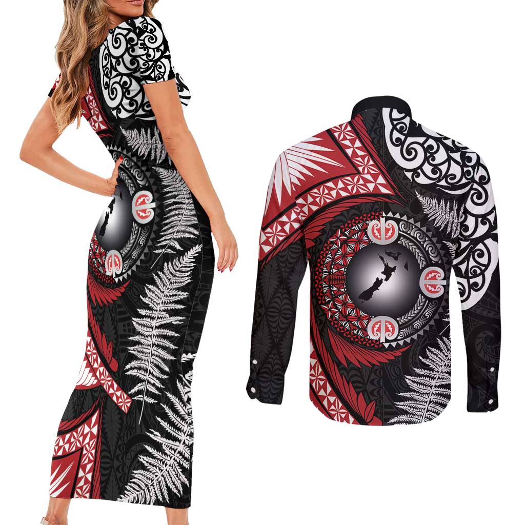 Tonga and New Zealand Together Couples Matching Short Sleeve Bodycon Dress and Long Sleeve Button Shirt Ngatu Art Tribal Maori Tattoo and Silver Fern