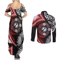 Tonga and New Zealand Together Couples Matching Summer Maxi Dress and Long Sleeve Button Shirt Ngatu Art Tribal Maori Tattoo and Silver Fern