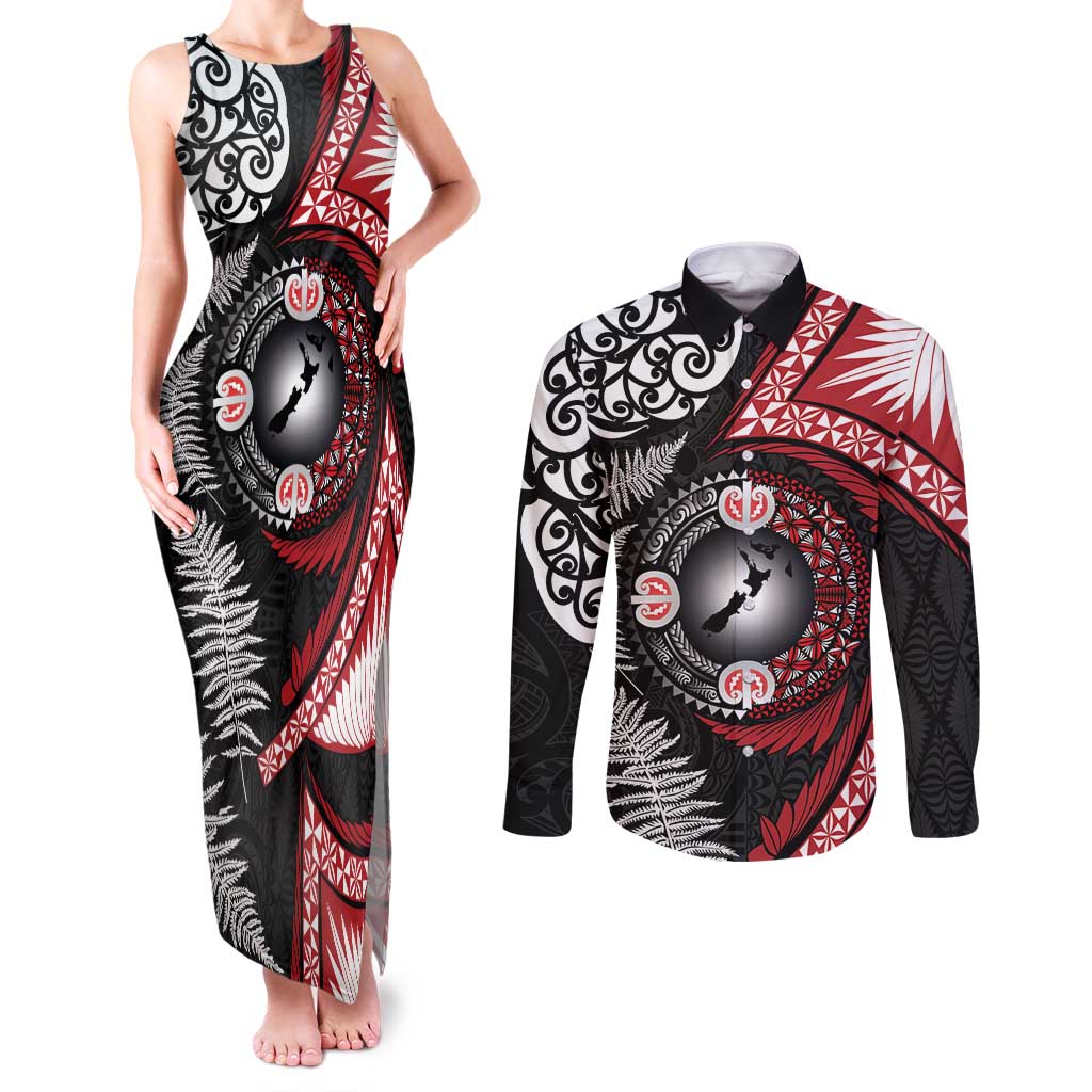 Tonga and New Zealand Together Couples Matching Tank Maxi Dress and Long Sleeve Button Shirt Ngatu Art Tribal Maori Tattoo and Silver Fern