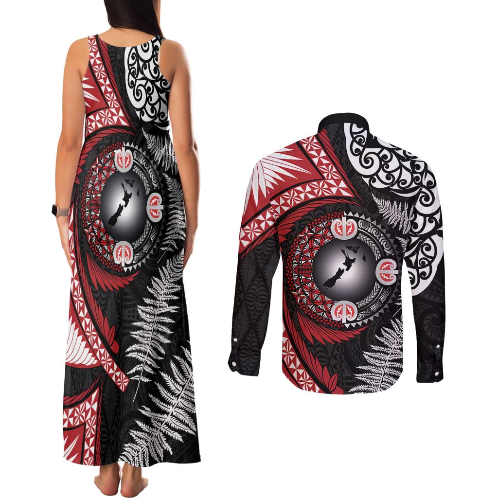 Tonga and New Zealand Together Couples Matching Tank Maxi Dress and Long Sleeve Button Shirt Ngatu Art Tribal Maori Tattoo and Silver Fern