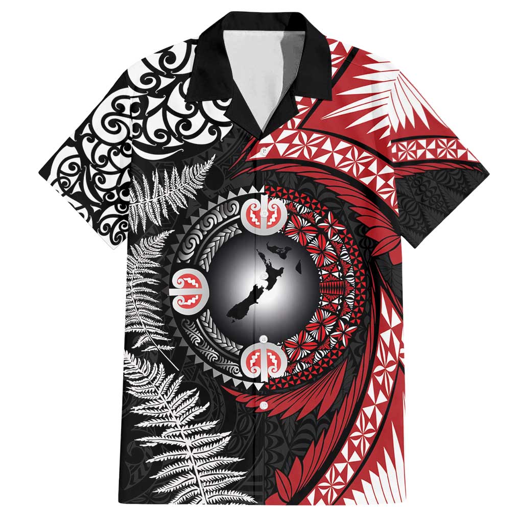 Tonga and New Zealand Together Family Matching Off Shoulder Short Dress and Hawaiian Shirt Ngatu Art Tribal Maori Tattoo and Silver Fern