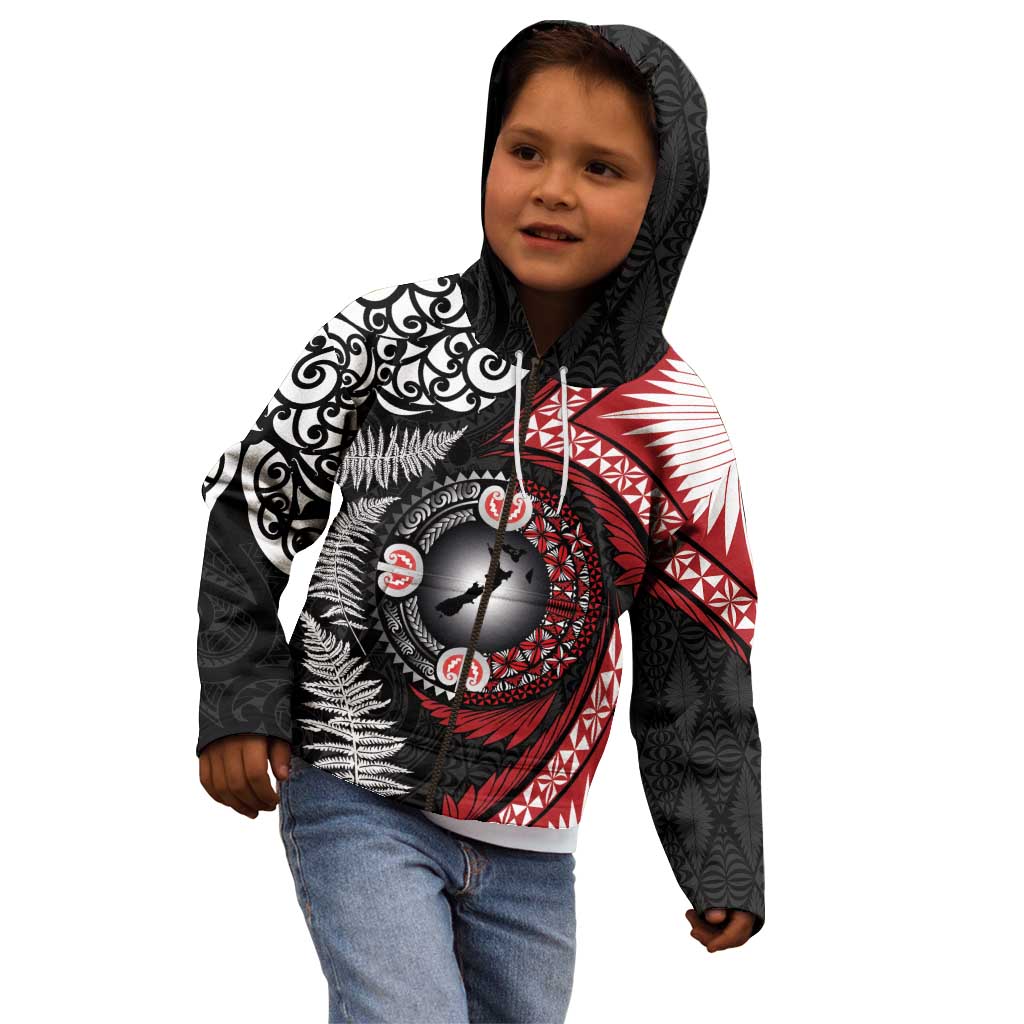 Tonga and New Zealand Together Kid Hoodie Ngatu Art Tribal Maori Tattoo and Silver Fern