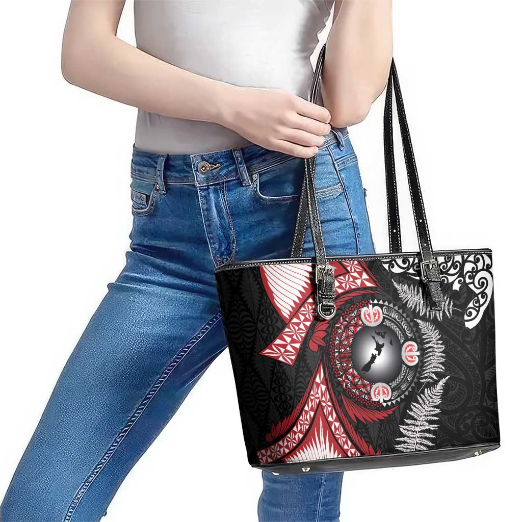 Tonga and New Zealand Together Leather Tote Bag Ngatu Art Tribal Maori Tattoo and Silver Fern