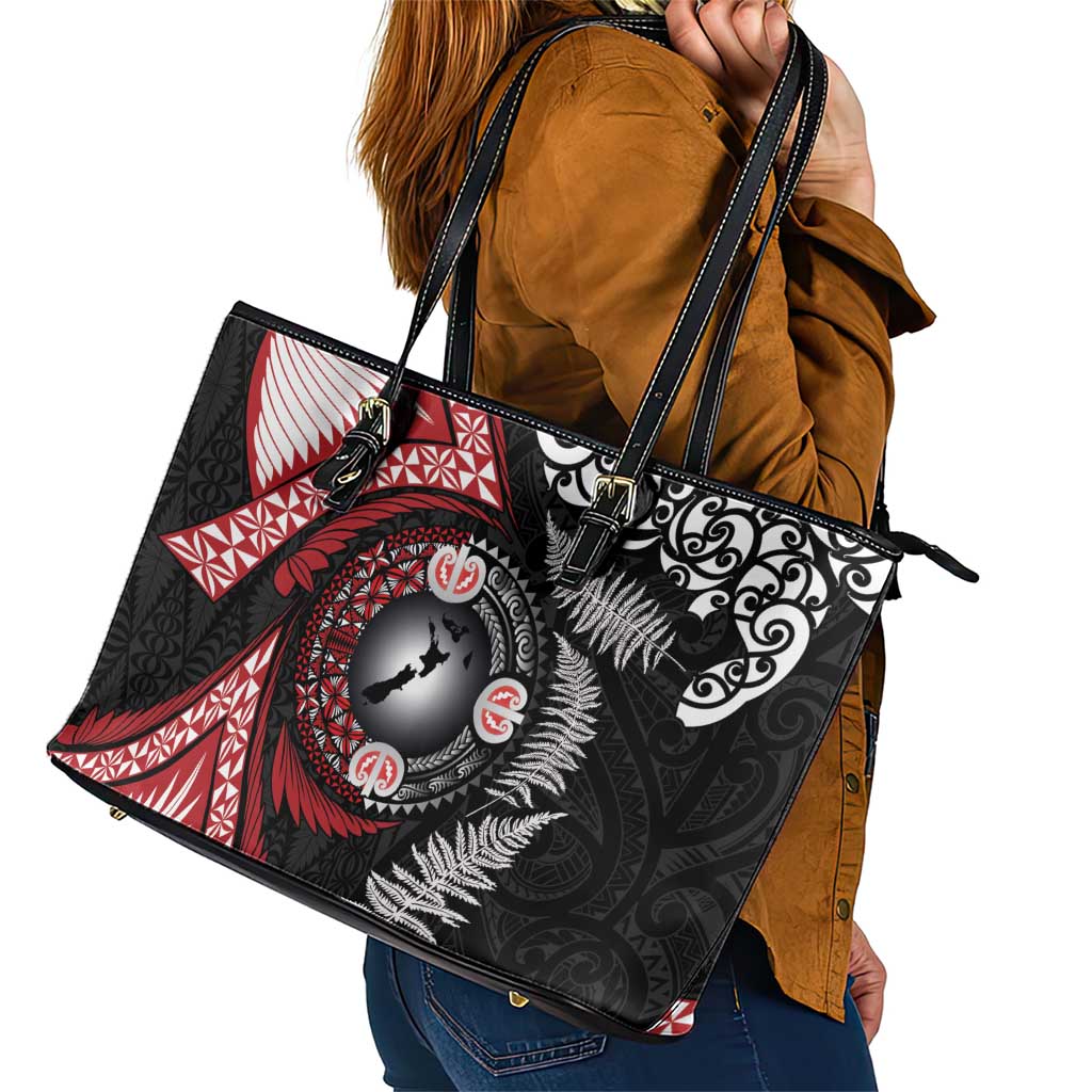 Tonga and New Zealand Together Leather Tote Bag Ngatu Art Tribal Maori Tattoo and Silver Fern