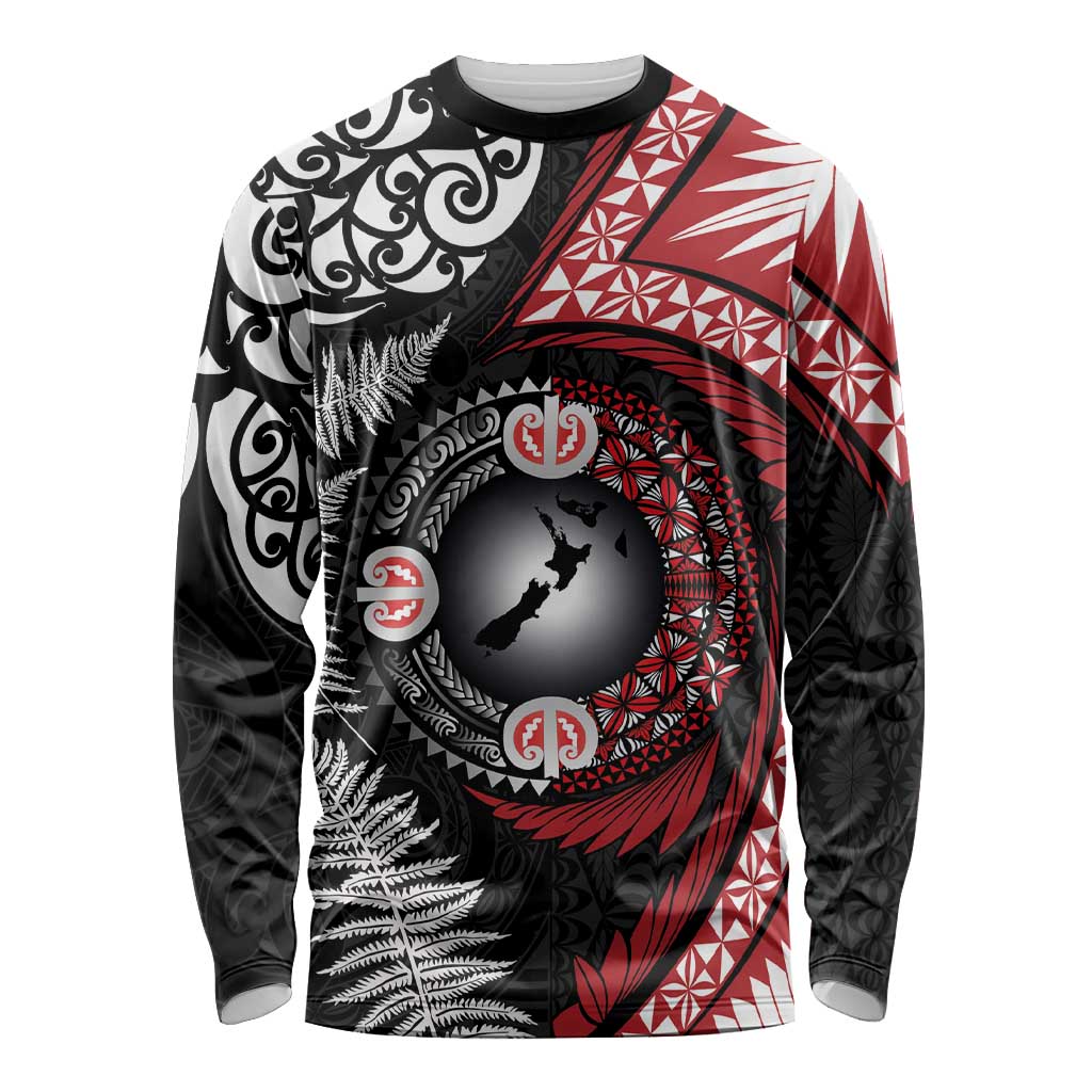 Tonga and New Zealand Together Long Sleeve Shirt Ngatu Art Tribal Maori Tattoo and Silver Fern