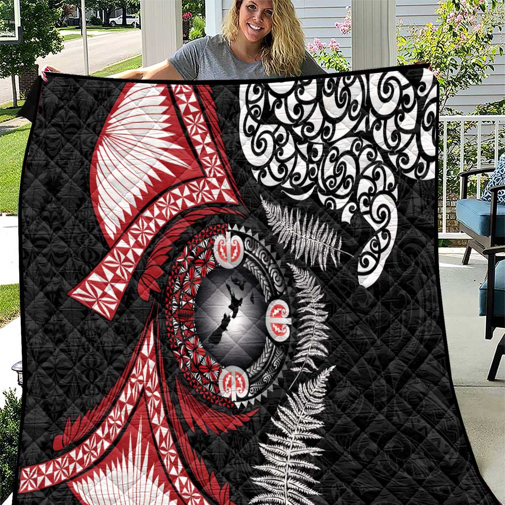 Tonga and New Zealand Together Quilt Ngatu Art Tribal Maori Tattoo and Silver Fern